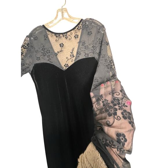 Vtg Y2K Black Velvet Maxi Dress Mesh Bodice Sleeve Whimsigoth Y2K Vampire Floral - Picture 10 of 16